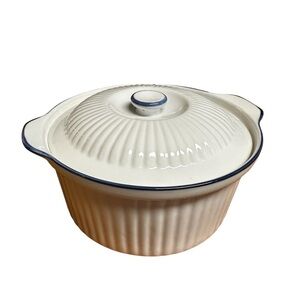 BIA Blanc De Table Casserole Dish With Lid Round White Blue Ribbed 8.5”x 4.5”